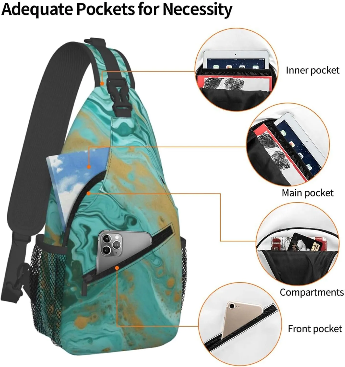 Teal And Gold Marble Sling Bag Backpack For Men Cross Chest Bag Crossbody Shoulder Bag Travel Hiking Daypack