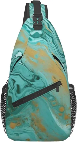 Teal And Gold Marble Sling Bag Backpack For Men Cross Chest Bag Crossbody Shoulder Bag Travel Hiking Daypack