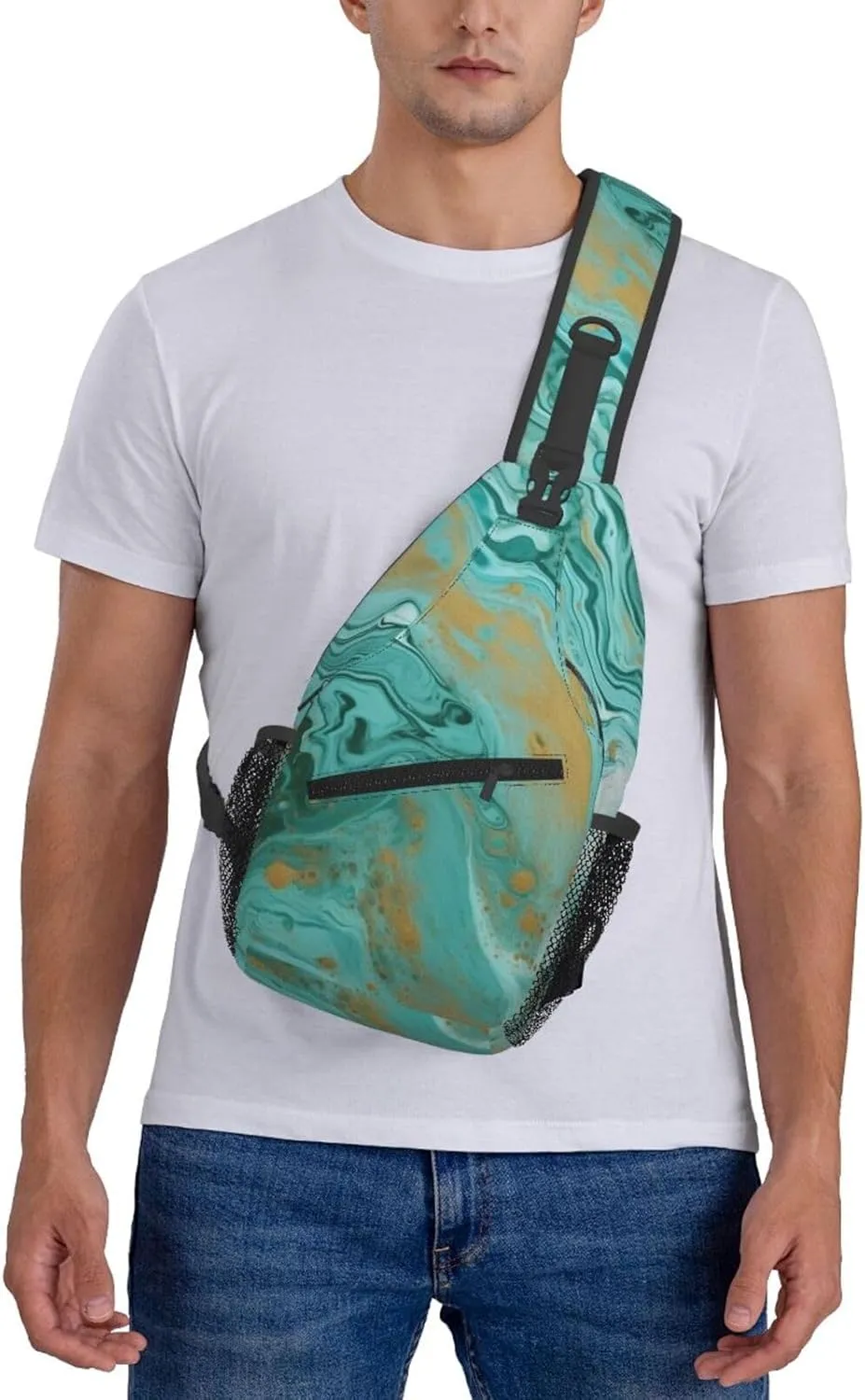 Teal And Gold Marble Sling Bag Backpack For Men Cross Chest Bag Crossbody Shoulder Bag Travel Hiking Daypack