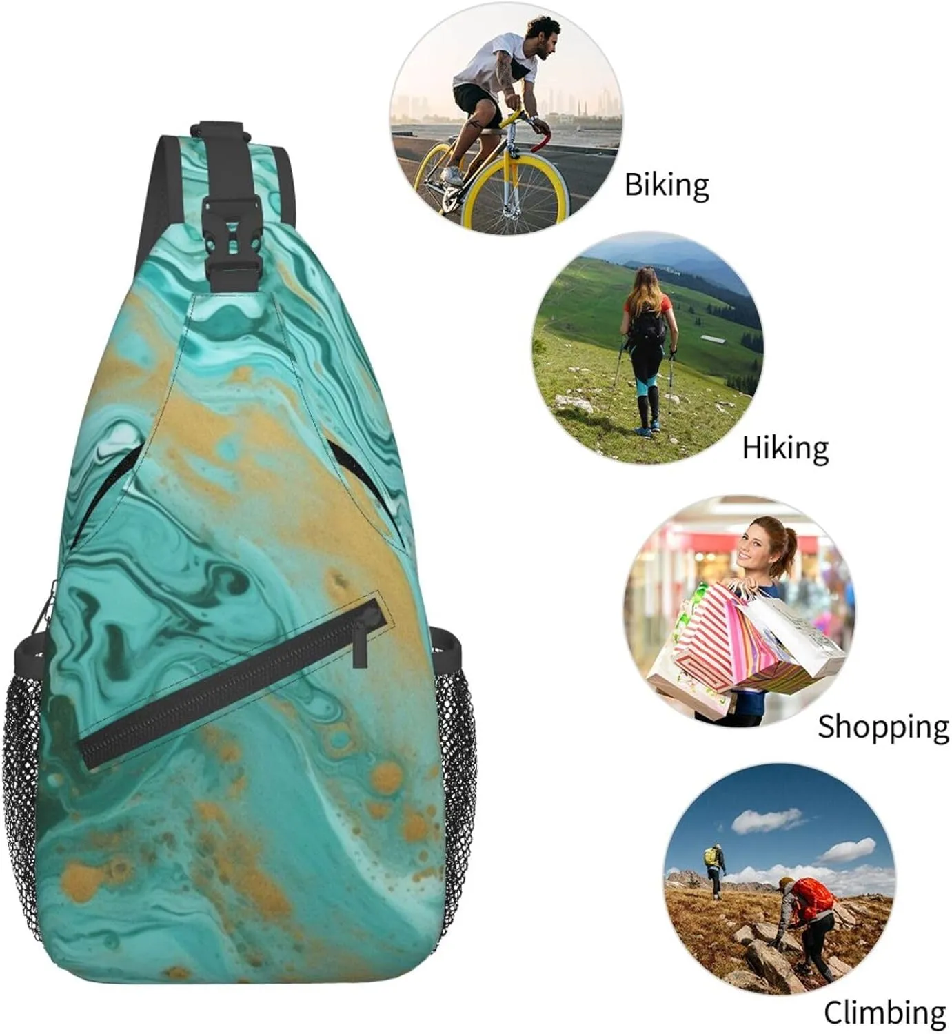 Teal And Gold Marble Sling Bag Backpack For Men Cross Chest Bag Crossbody Shoulder Bag Travel Hiking Daypack