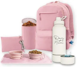 The Original Doggy Bag Backpack (Dusty Pink) & 32 oz Insulated Water Bottle with Attached 8 oz Bowl (Dog Mom) – Dog Travel Backpack & Hydration Set