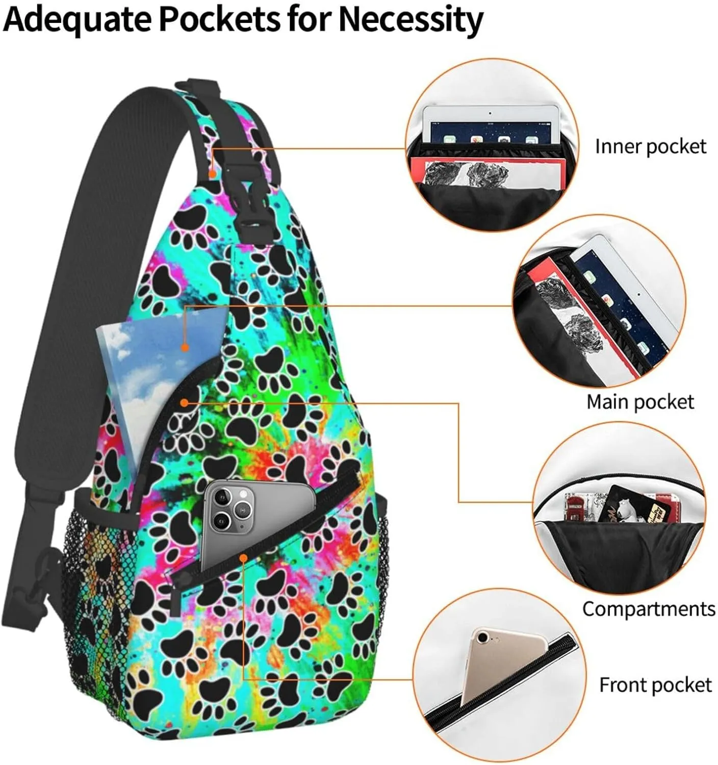 Tie Dye Print Sling Bag for Men and Women,Dog Paw Crossbody Bag Fashion, Casual Chest Bag for Travel