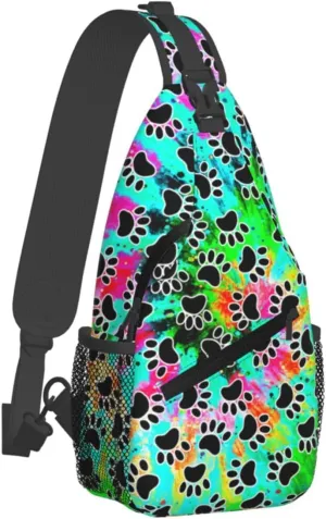 Tie Dye Print Sling Bag for Men and Women,Dog Paw Crossbody Bag Fashion, Casual Chest Bag for Travel