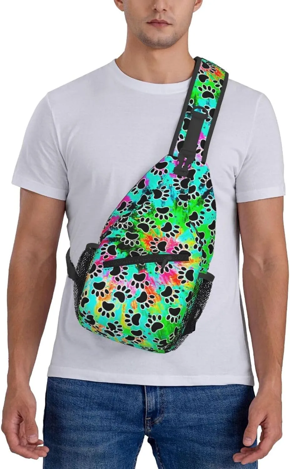 Tie Dye Print Sling Bag for Men and Women,Dog Paw Crossbody Bag Fashion, Casual Chest Bag for Travel