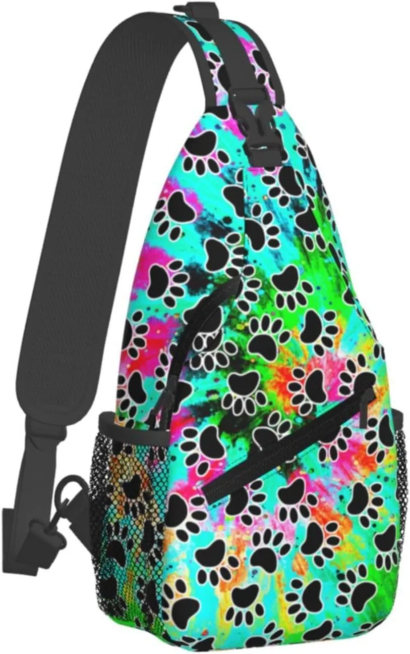 Tie Dye Print Sling Bag for Men and Women,Dog Paw Crossbody Bag Fashion, Casual Chest Bag for Travel