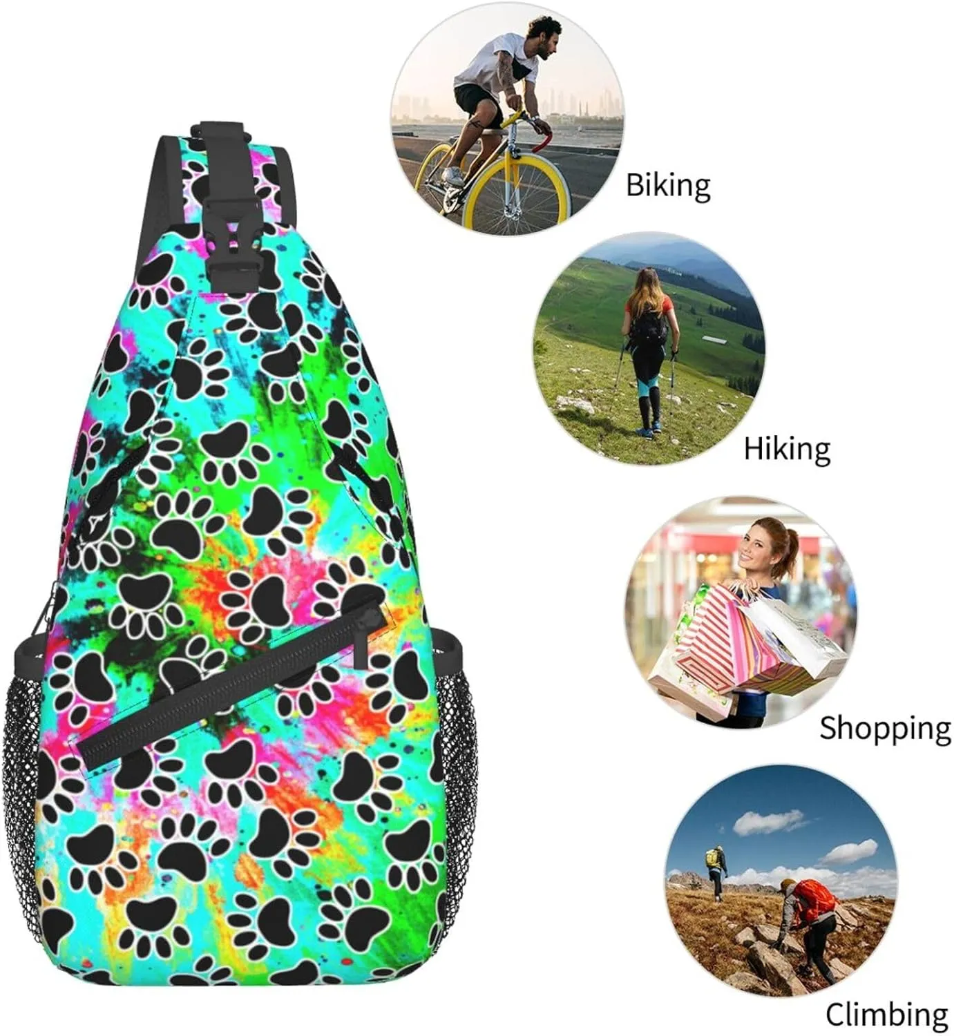 Tie Dye Print Sling Bag for Men and Women,Dog Paw Crossbody Bag Fashion, Casual Chest Bag for Travel