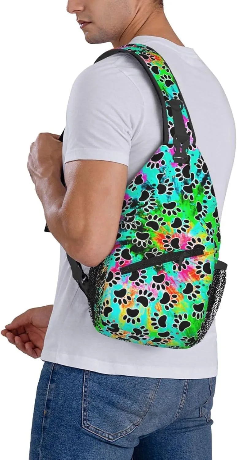Tie Dye Print Sling Bag for Men and Women,Dog Paw Crossbody Bag Fashion, Casual Chest Bag for Travel