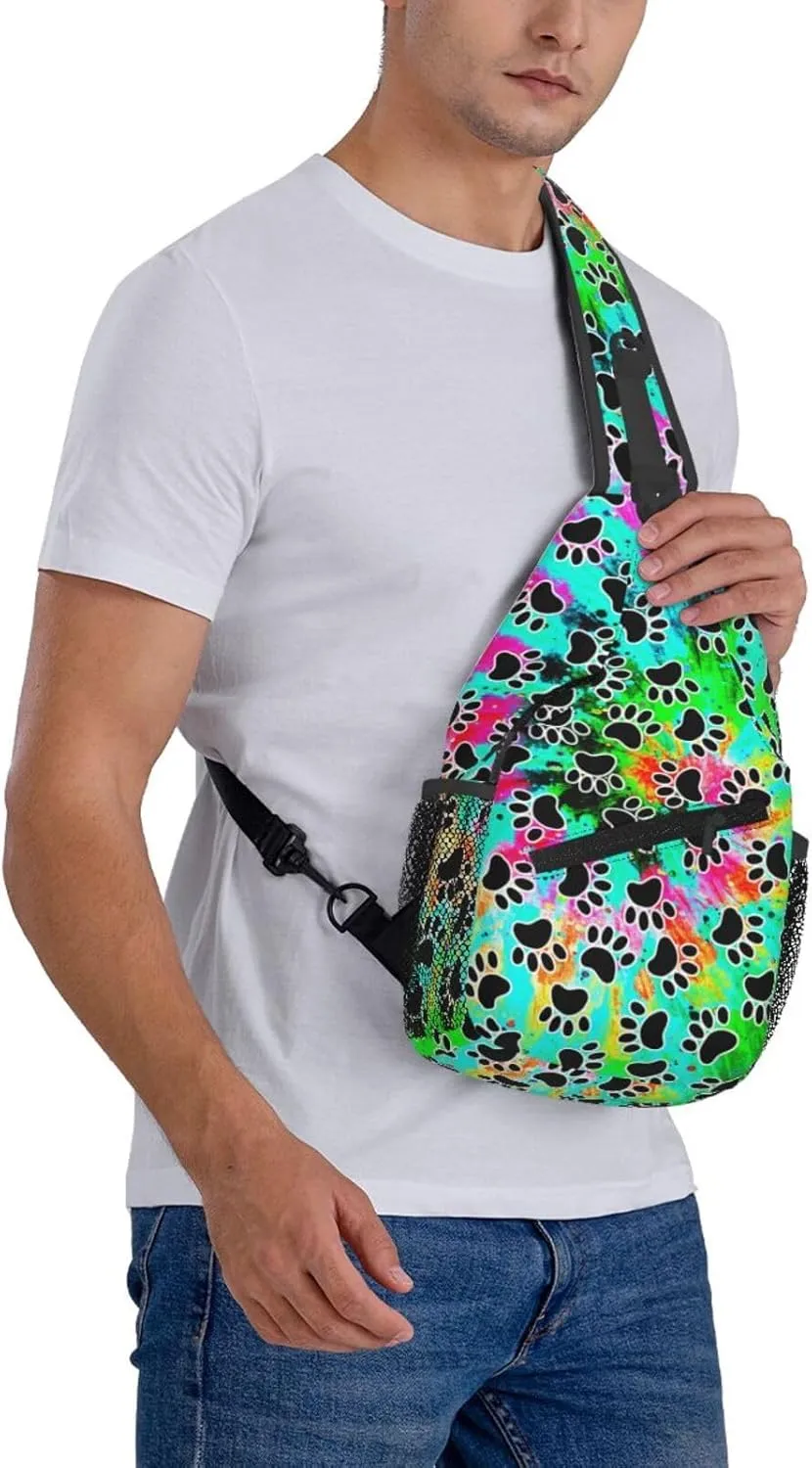Tie Dye Print Sling Bag for Men and Women,Dog Paw Crossbody Bag Fashion, Casual Chest Bag for Travel