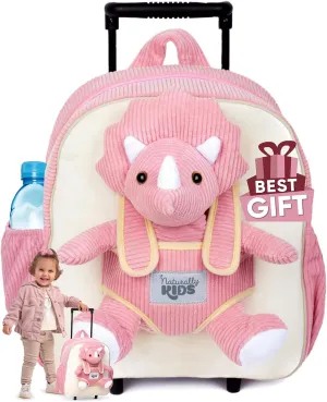 Toddler Luggage for Girls w Dinosaur Toys, Kids Rolling Backpack Girls, Toddler Suitcase, Gifts for 3 4 5 6 Year Old