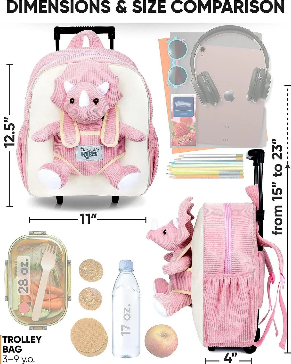 Toddler Luggage for Girls w Dinosaur Toys, Kids Rolling Backpack Girls, Toddler Suitcase, Gifts for 3 4 5 6 Year Old