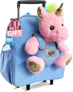 Toddler Luggage for Girls w Unicorn Toys, Kids Rolling Backpack for Girls, Toddler Suitcase, Gifts for 3 4 5 6 Year Old