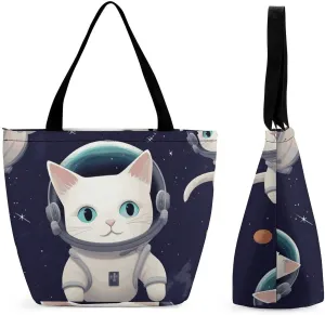 Tote Bag for Women Reusable Grocery Bags Shopping Bags Fun Cat Astronaut Handbag Casual Shoulder Bag