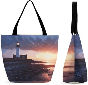 Tote Bag for Women Reusable Grocery Bags Shopping Bags The Seaside Lighthouse Handbag Casual Shoulder Bag