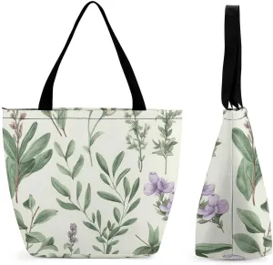 Tote Bags for Women Green Flower Herb Sage Leaves And Branches Versatile Shoulder Bag with Zipper Large Capacity Handbag Beach Bag Reusable Grocery Bag for Shopping Travel Commuting