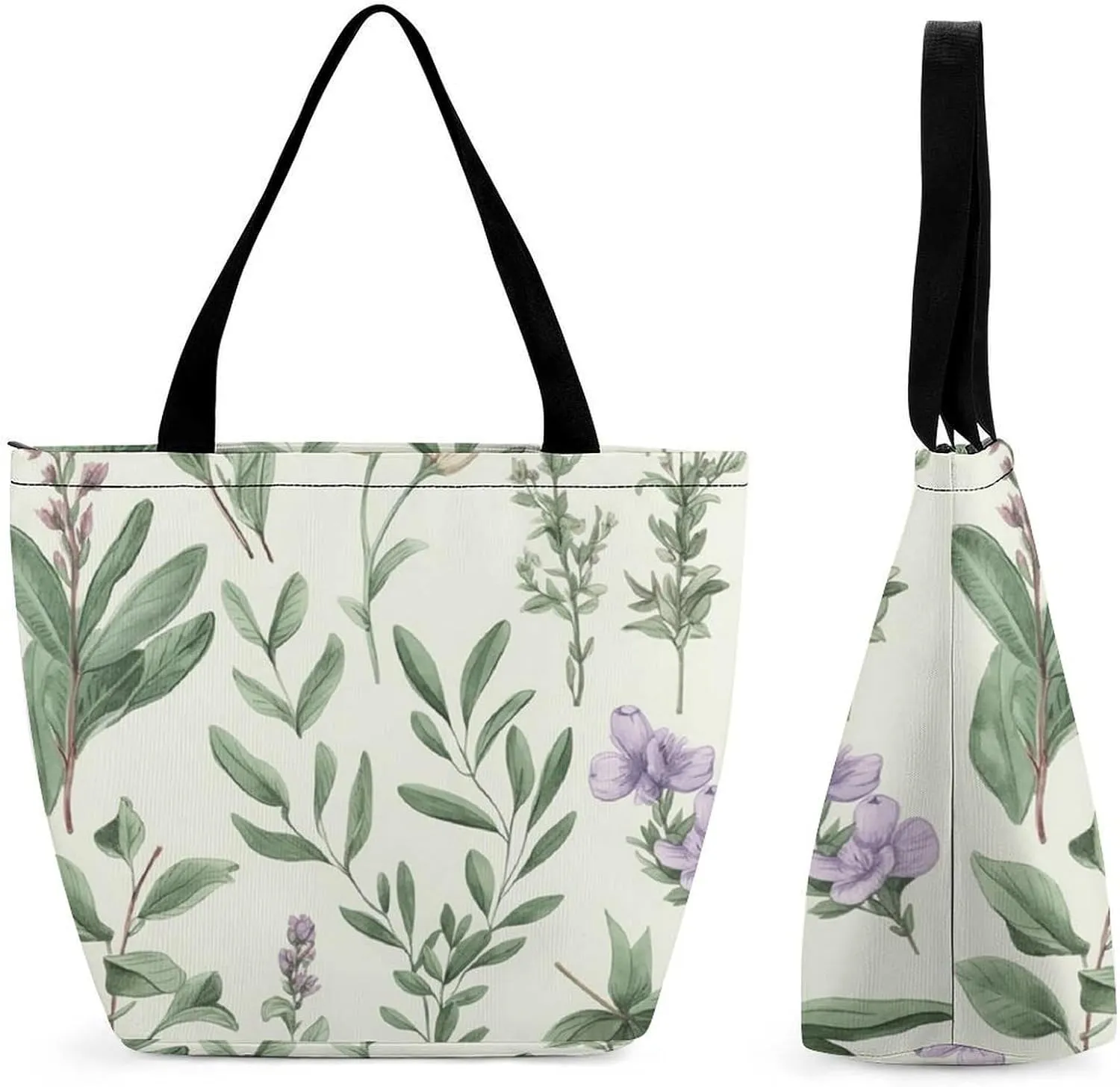 Tote Bags for Women Green Flower Herb Sage Leaves And Branches Versatile Shoulder Bag with Zipper Large Capacity Handbag Beach Bag Reusable Grocery Bag for Shopping Travel Commuting