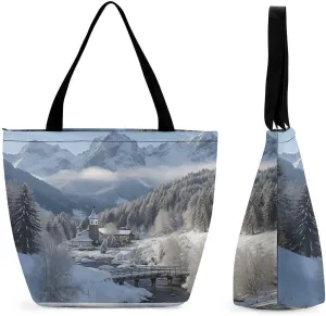 Tote Bags for Women Winter Landscape in The Bavarian Alps Versatile Shoulder Bag with Zipper Large Capacity Handbag Beach Bag Reusable Grocery Bag for Shopping Travel Commuting