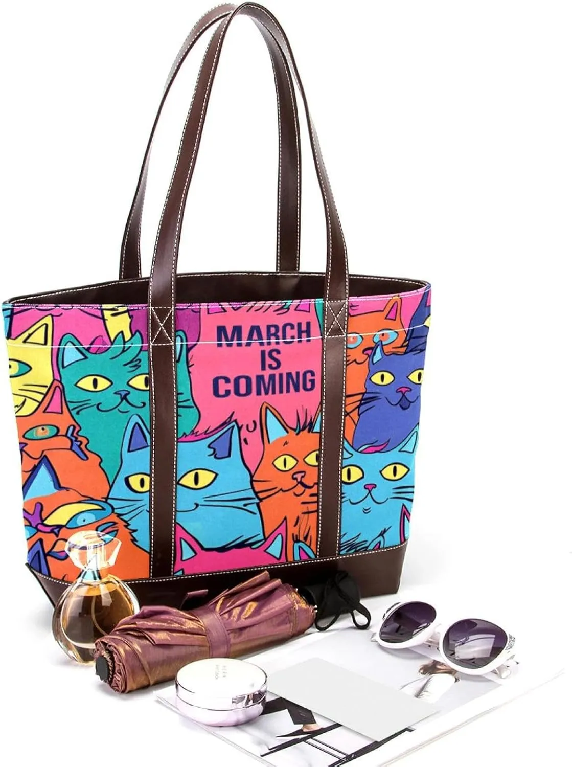 Tote Bags, Large Tote Bags for Women, Tote Bag with Zipper, March Is Coming Cartoon Cats Lovely, Totes for Women