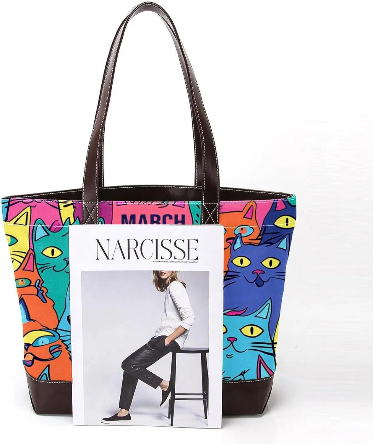 Tote Bags, Large Tote Bags for Women, Tote Bag with Zipper, March Is Coming Cartoon Cats Lovely, Totes for Women