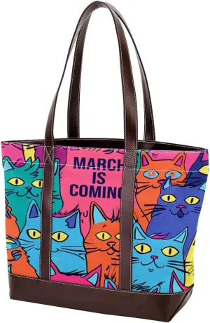 Tote Bags, Large Tote Bags for Women, Tote Bag with Zipper, March Is Coming Cartoon Cats Lovely, Totes for Women