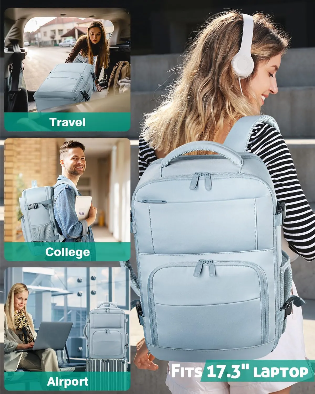 Travel Backpack For Women, Carry On Backpack for Men Flight Approved Airline Personal Item Travel Bag TSA Business 15.6 in Laptop Mochila, Travels Essentials Bookbag for Work Nurse Hiking(Light Blue)