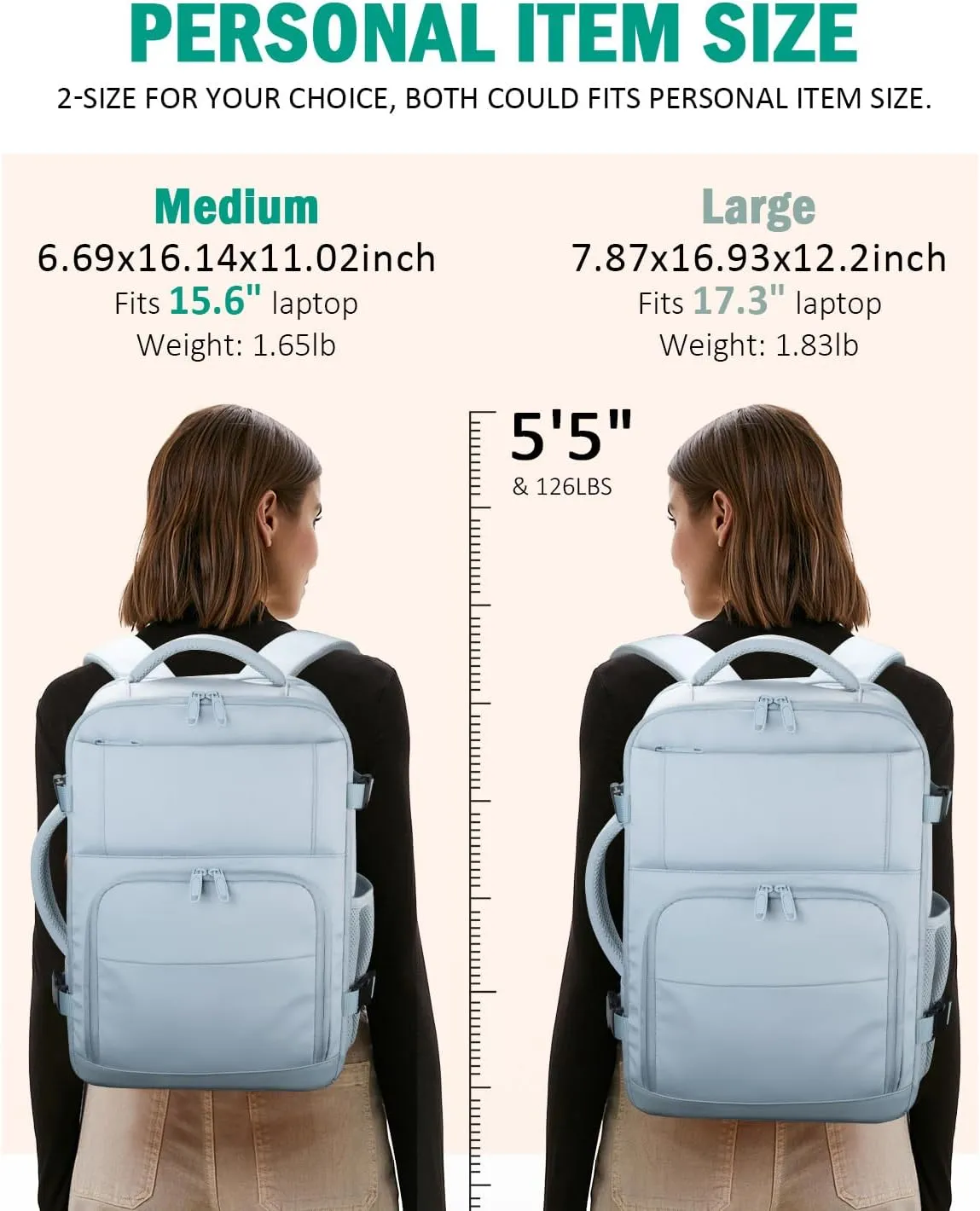 Travel Backpack For Women, Carry On Backpack for Men Flight Approved Airline Personal Item Travel Bag TSA Business 15.6 in Laptop Mochila, Travels Essentials Bookbag for Work Nurse Hiking(Light Blue)