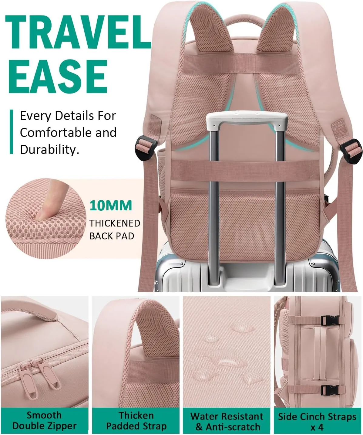 Travel Backpack For Women, Carry On Backpack for Men Flight Approved Airline Personal Item Travel Bag TSA Business 15.6 in Laptop Mochila, Travels Essentials Bookbag for Work Weekender Hiking (Pink)
