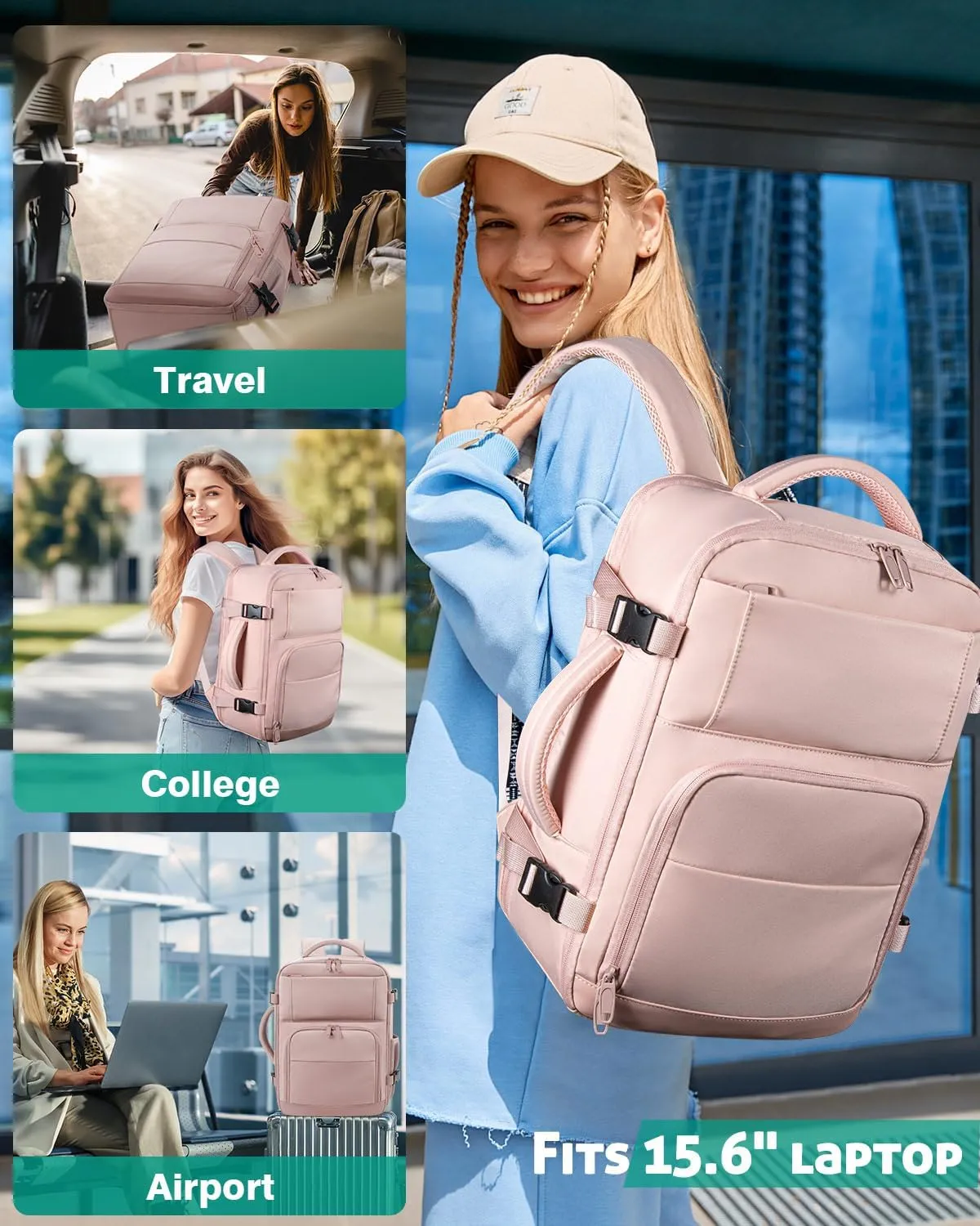 Travel Backpack For Women, Carry On Backpack for Men Flight Approved Airline Personal Item Travel Bag TSA Business 15.6 in Laptop Mochila, Travels Essentials Bookbag for Work Weekender Hiking (Pink)