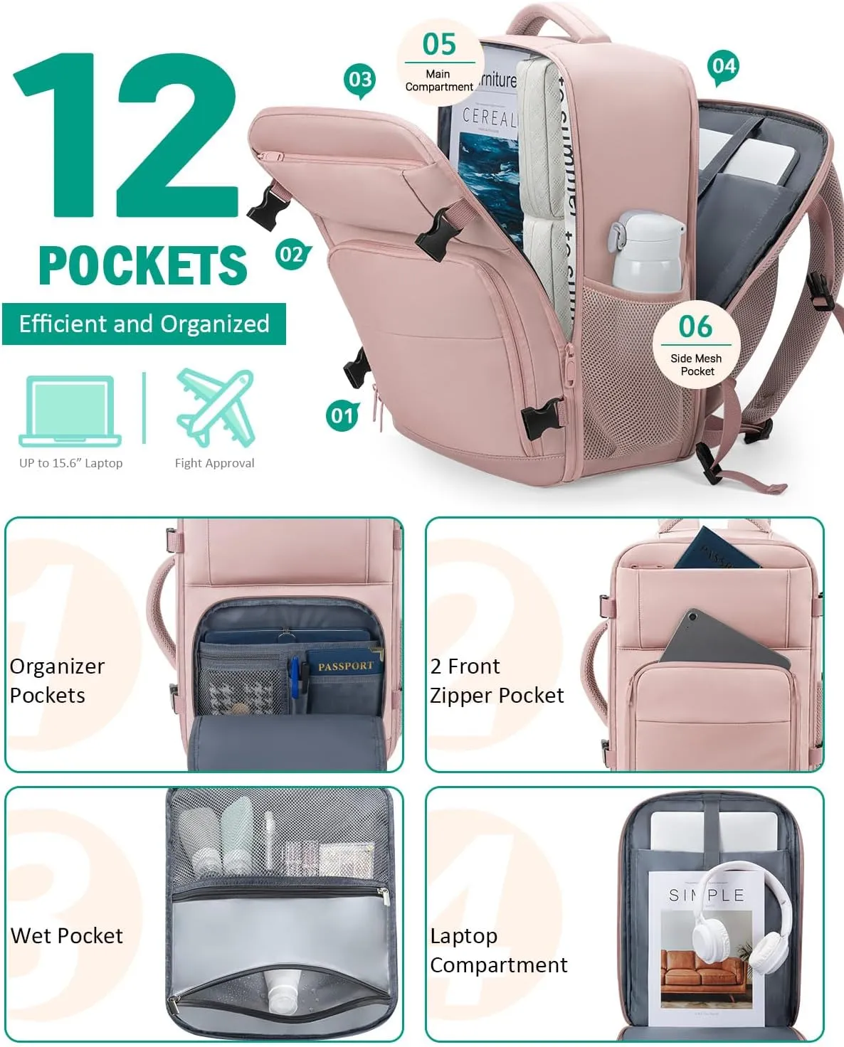 Travel Backpack For Women, Carry On Backpack for Men Flight Approved Airline Personal Item Travel Bag TSA Business 15.6 in Laptop Mochila, Travels Essentials Bookbag for Work Weekender Hiking (Pink)