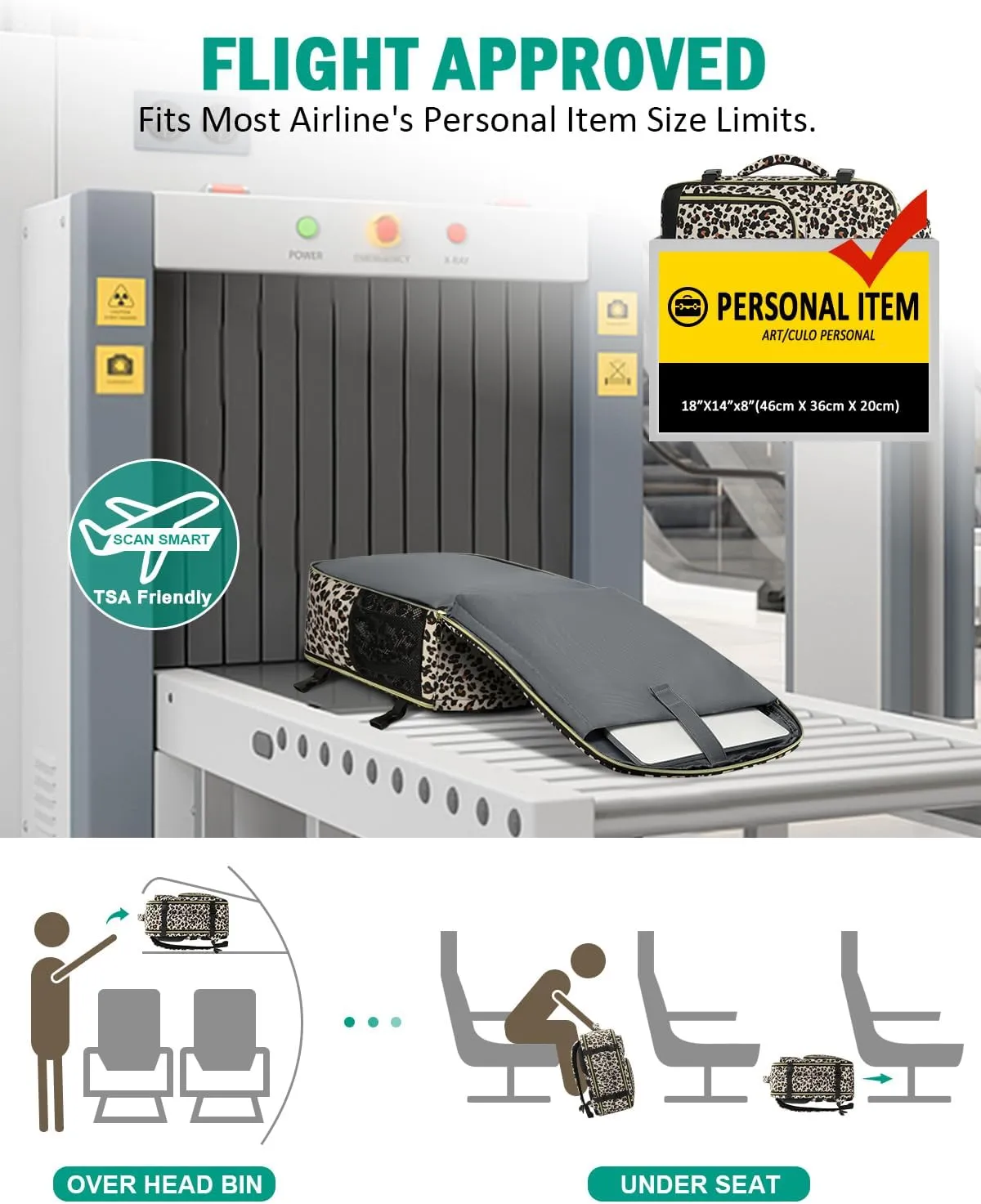 Travel Backpack For Women, Carry On Backpack for Men Flight Approved Airline Personal Item Travel Bag TSA Business 15.6 inch Laptop Mochila, Travels Essentials Bookbag for Work Weekender(Leopard)