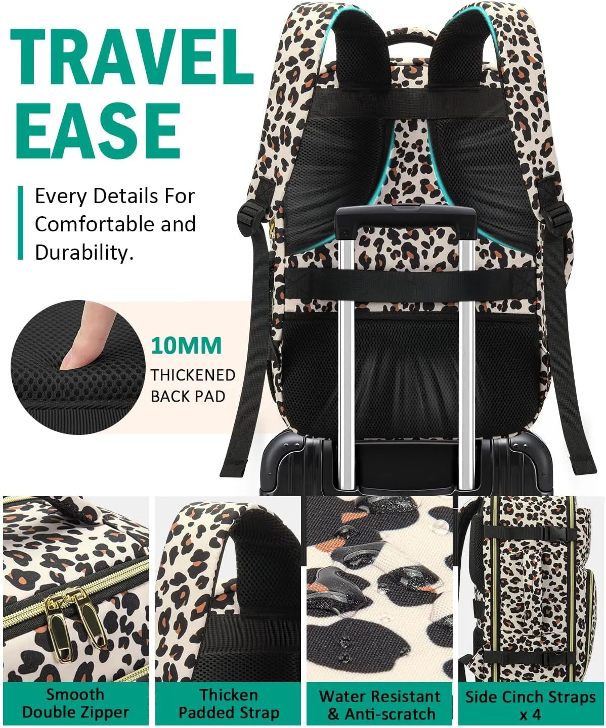 Travel Backpack For Women, Carry On Backpack for Men Flight Approved Airline Personal Item Travel Bag TSA Business 15.6 inch Laptop Mochila, Travels Essentials Bookbag for Work Weekender(Leopard)