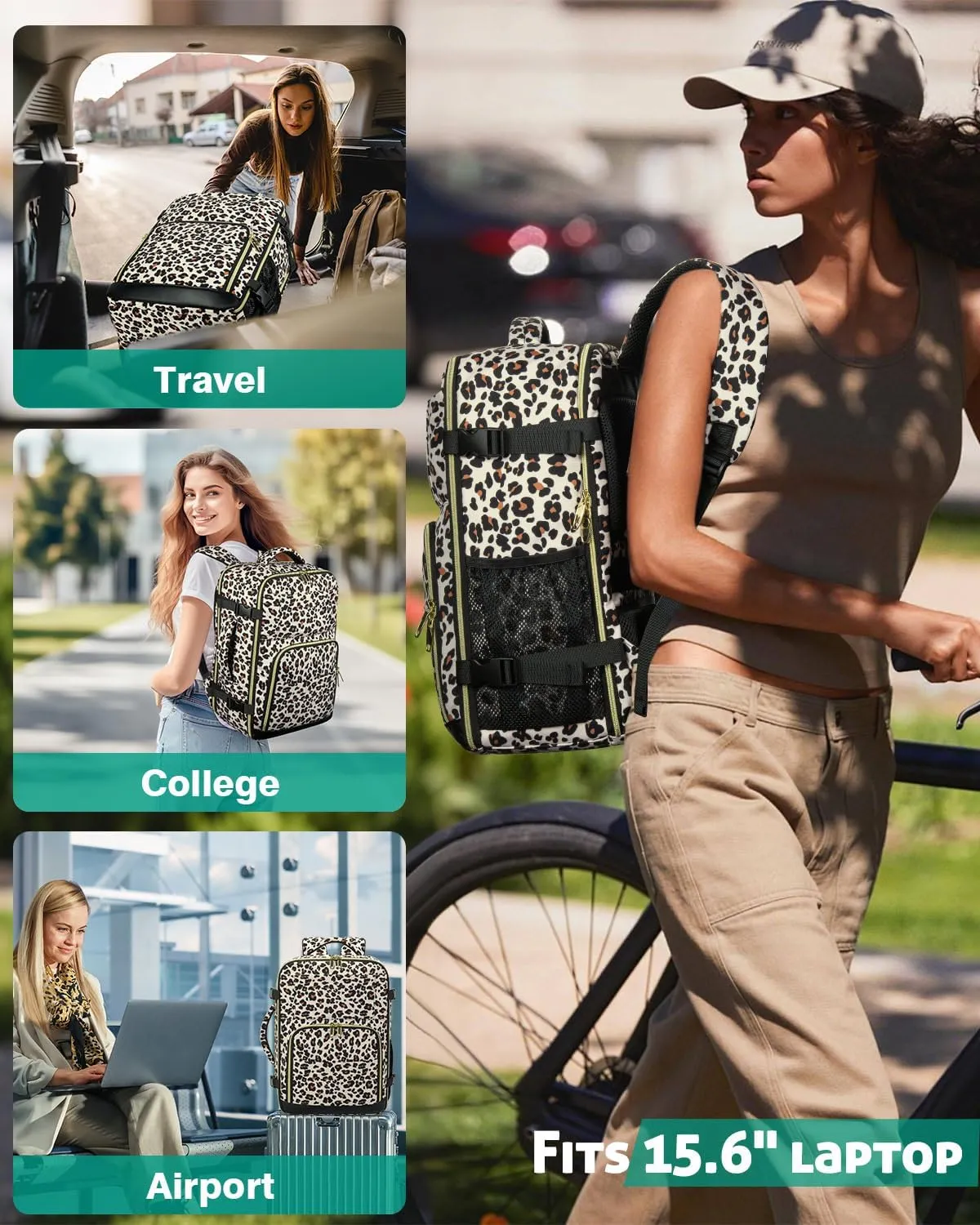 Travel Backpack For Women, Carry On Backpack for Men Flight Approved Airline Personal Item Travel Bag TSA Business 15.6 inch Laptop Mochila, Travels Essentials Bookbag for Work Weekender(Leopard)