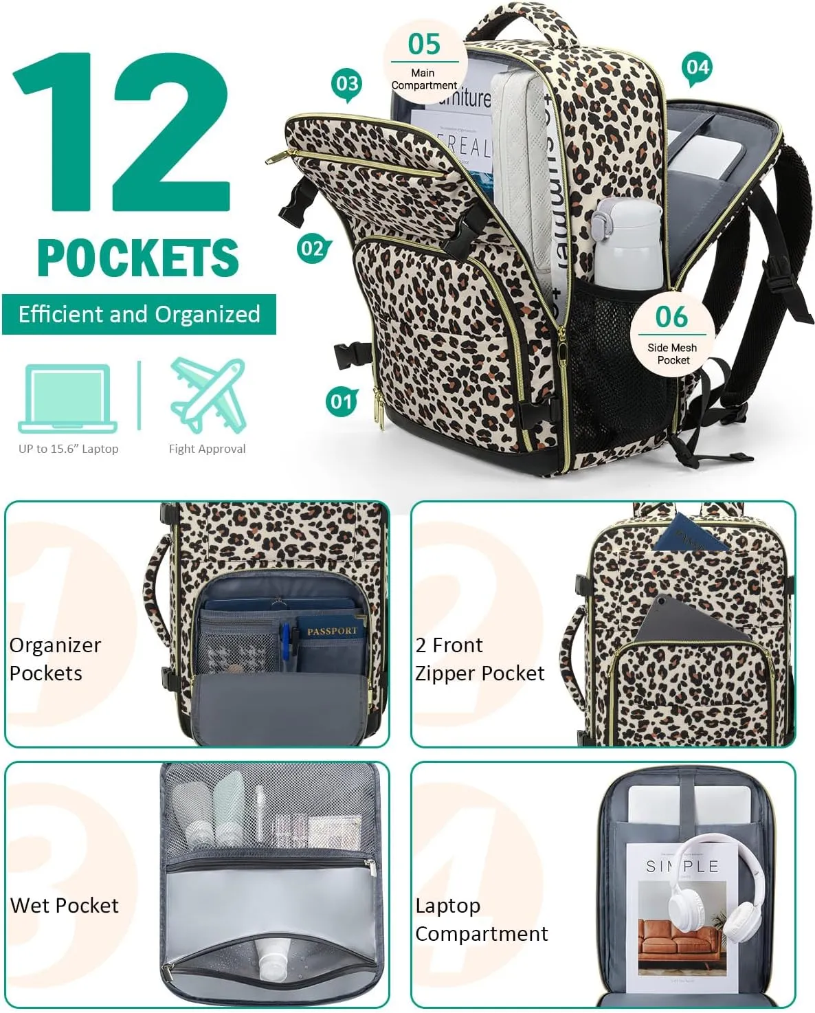 Travel Backpack For Women, Carry On Backpack for Men Flight Approved Airline Personal Item Travel Bag TSA Business 15.6 inch Laptop Mochila, Travels Essentials Bookbag for Work Weekender(Leopard)