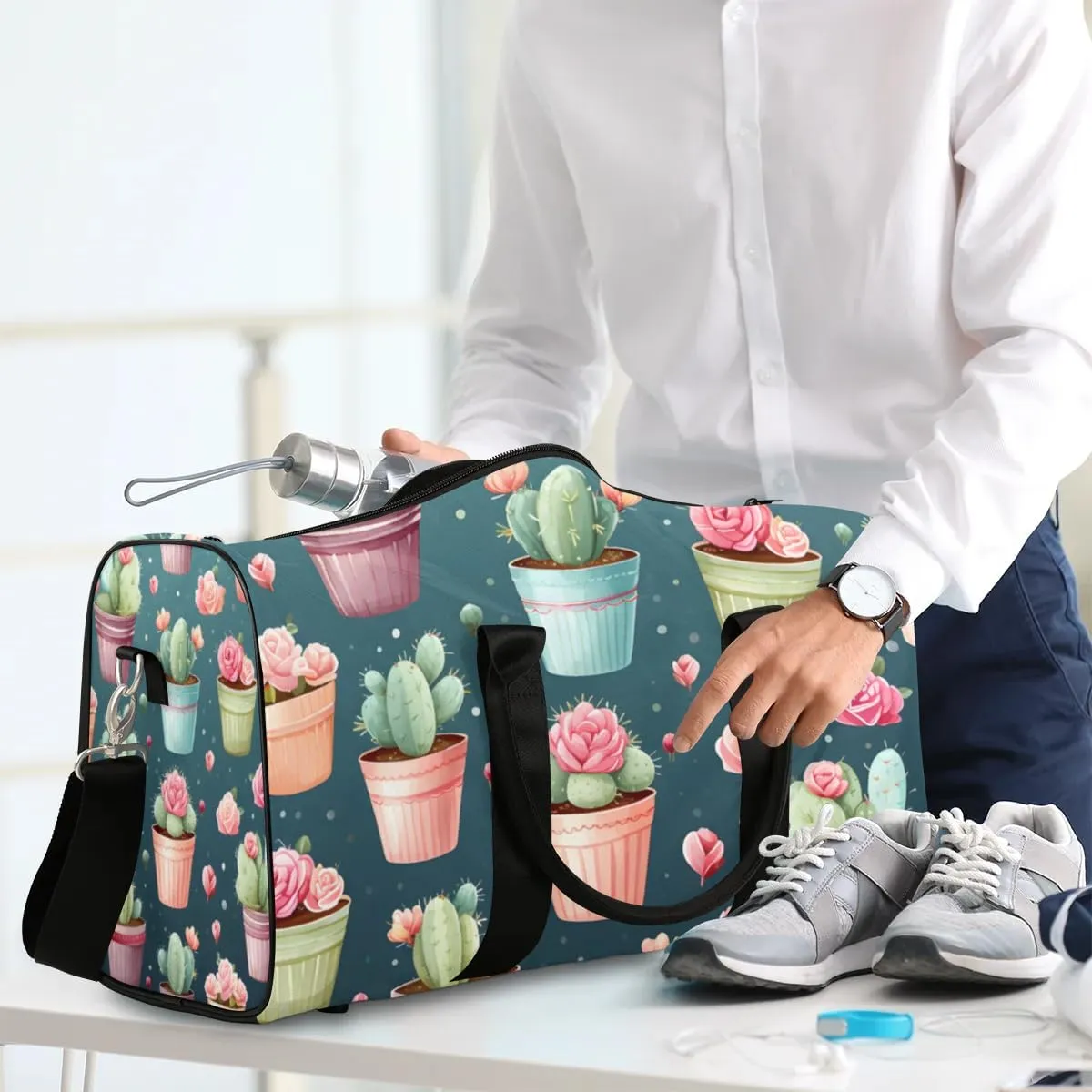 Travel Duffle Bag Flower Cactus Gym Bags for Men Women Travel Duffel Bags with Adjustable Shoulder Strap Carry On Weekender Bag