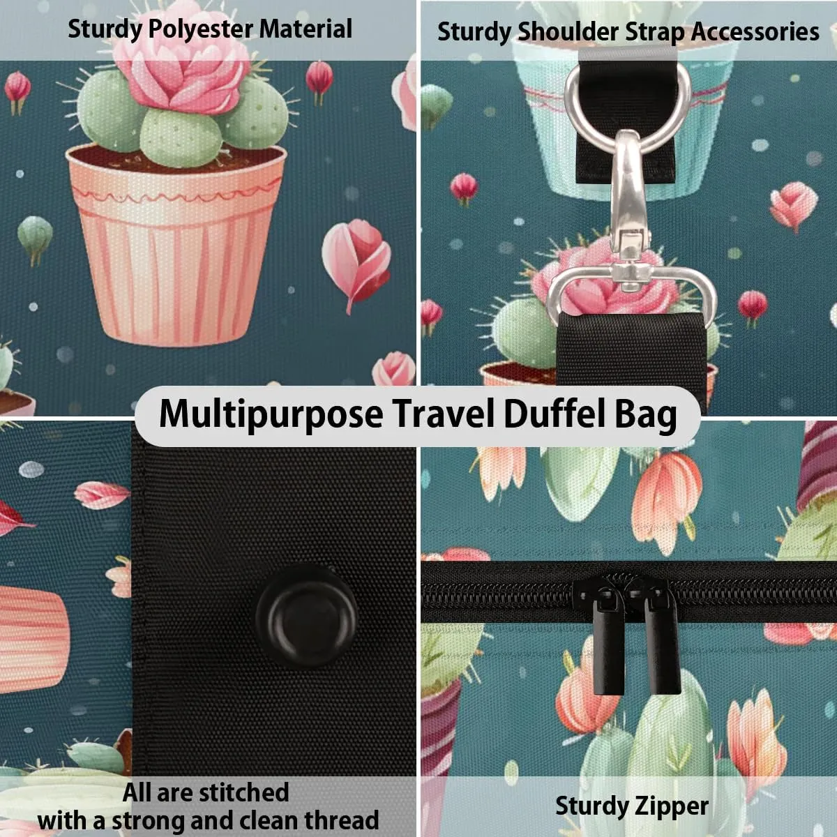 Travel Duffle Bag Flower Cactus Gym Bags for Men Women Travel Duffel Bags with Adjustable Shoulder Strap Carry On Weekender Bag