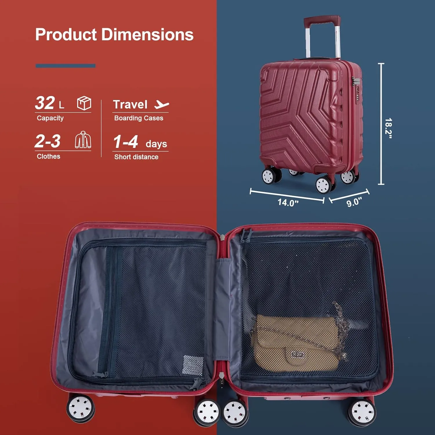 Travelhouse 16 Inch Carry On Luggage Airline Approved,Hardshell Small Carry Suitcases with 360° Spinner Wheels, Rolling Suitcase with TSA Approved