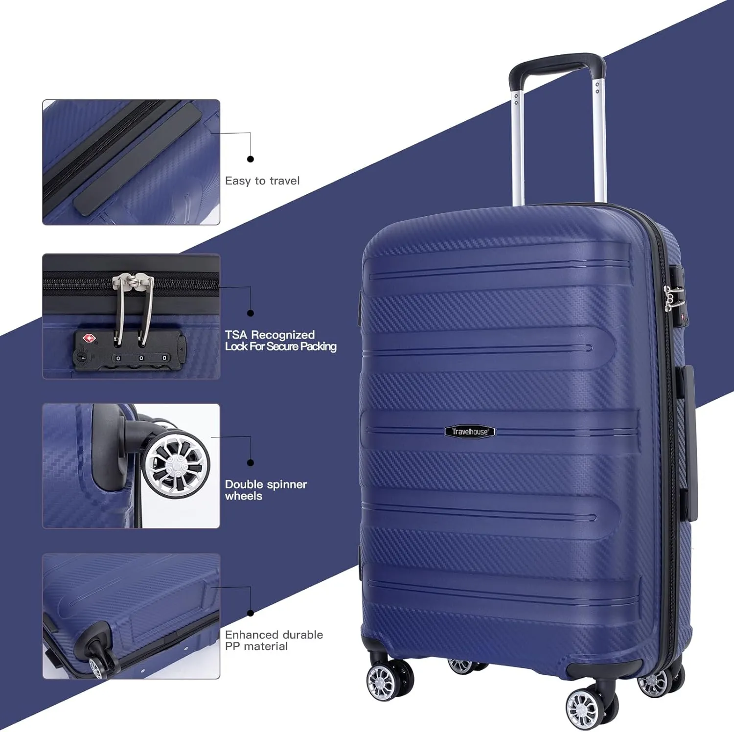 Travelhouse Hardshell Luggage Set: 3 Piece Spinner Suitcases - TSA-Approved Carry-Ons for Effortless Travel Organization (navy blue, 3 Piece Set (20/24/28))