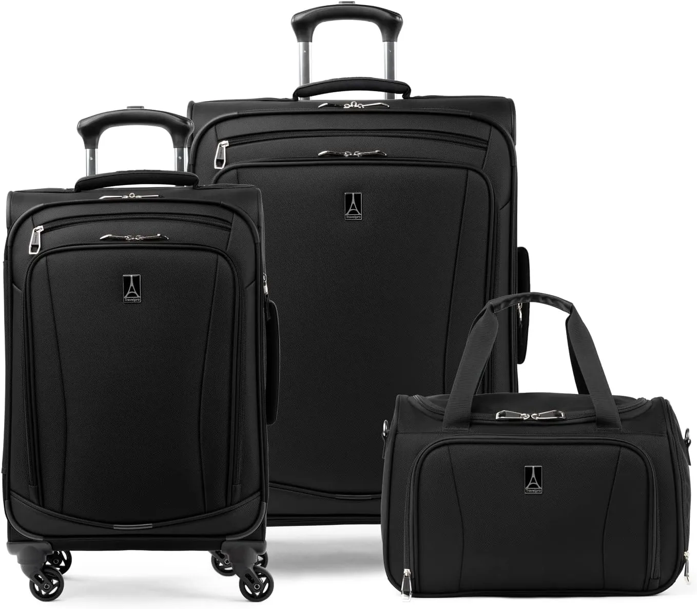 Travelpro Runway 3 piece Luggage Set, Carry on UnderSeat Luggage Soft Tote, Carry-on & Convertible Medium to Large Check-in Expandable Luggage, 4 Spinner Wheels, Softside Suitcase, Black