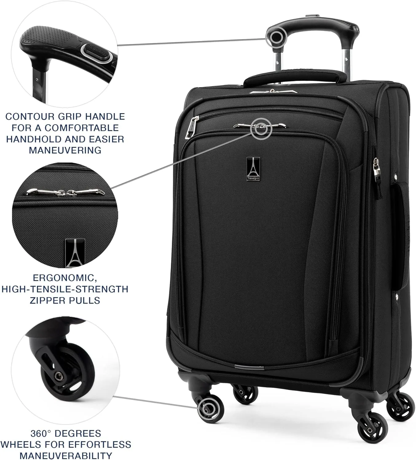 Travelpro Runway 3 piece Luggage Set, Carry on UnderSeat Luggage Soft Tote, Carry-on & Convertible Medium to Large Check-in Expandable Luggage, 4 Spinner Wheels, Softside Suitcase, Black