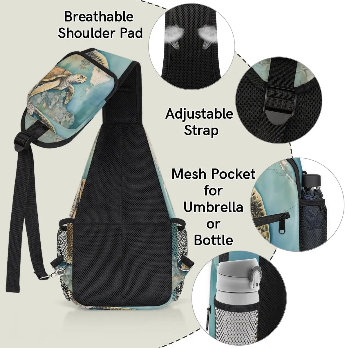 Tropical Turtle Sling Bag for Women Men, Waterproof Crossbody Sling Backpack Travel Outdoor Sports Chest Bag