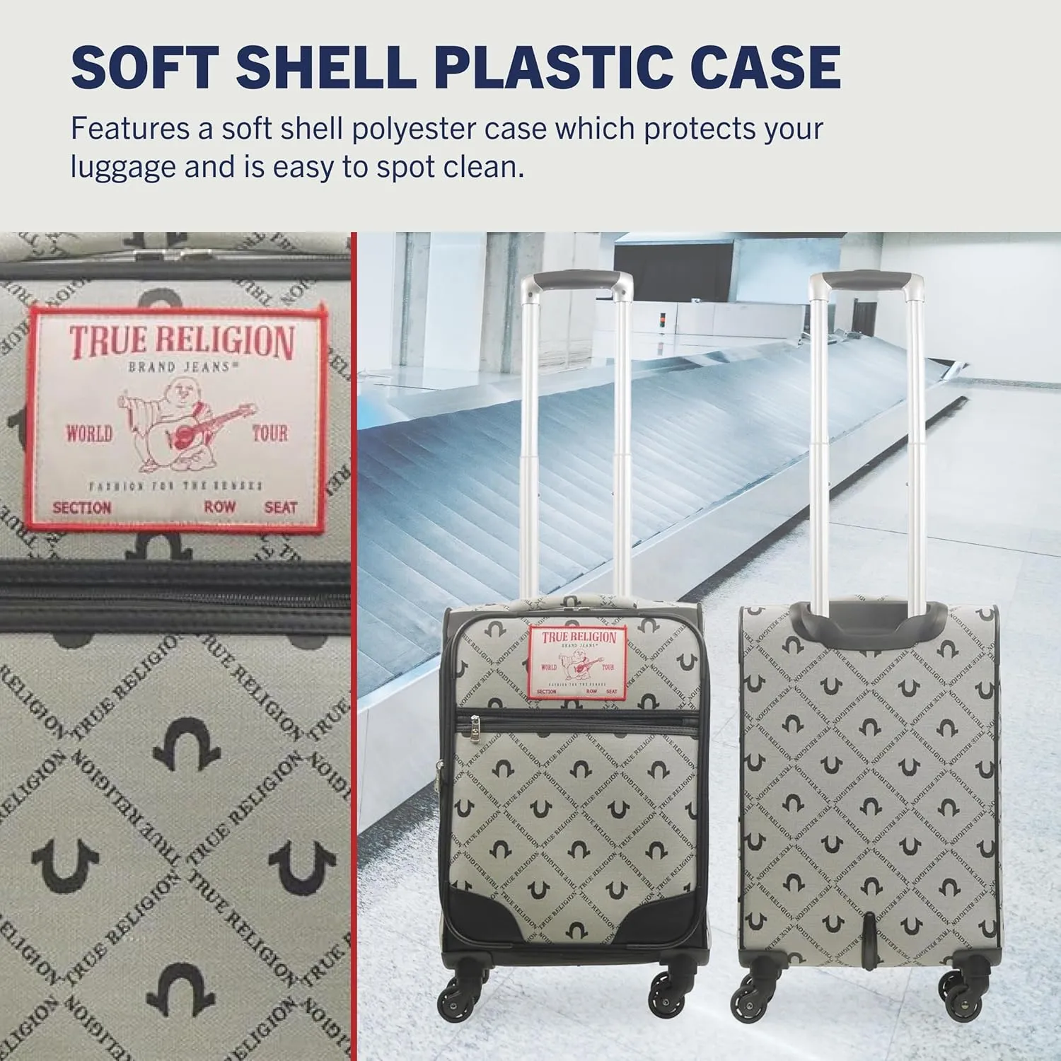 True Religion 23" Rolling Luggage, Soft Sided Suitecases with Spinner Wheels, Black/Gray, 23 Inch