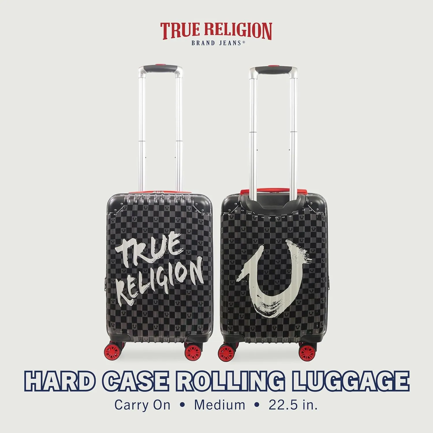 True Religion Carry-On Luggage, Hardshell Rolling Suitcase with Spinner Wheels, Black, Medium