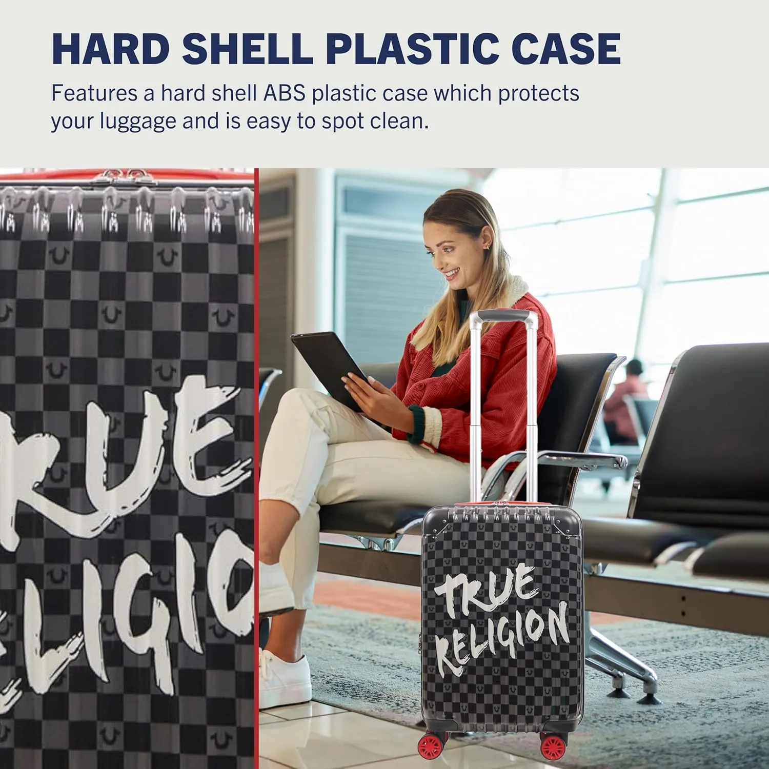 True Religion Carry-On Luggage, Hardshell Rolling Suitcase with Spinner Wheels, Black, Medium