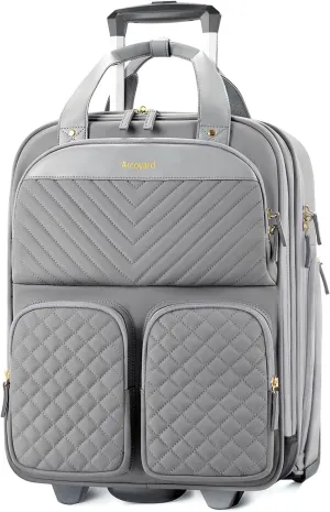 Underseat Carry On Luggage with Wheels, Multiple Compartments Airline Approved Personal Item Bag with Leather Handle, Lightweight Travel Carry-On Rolling Suitcase for Women Men, Grey, L