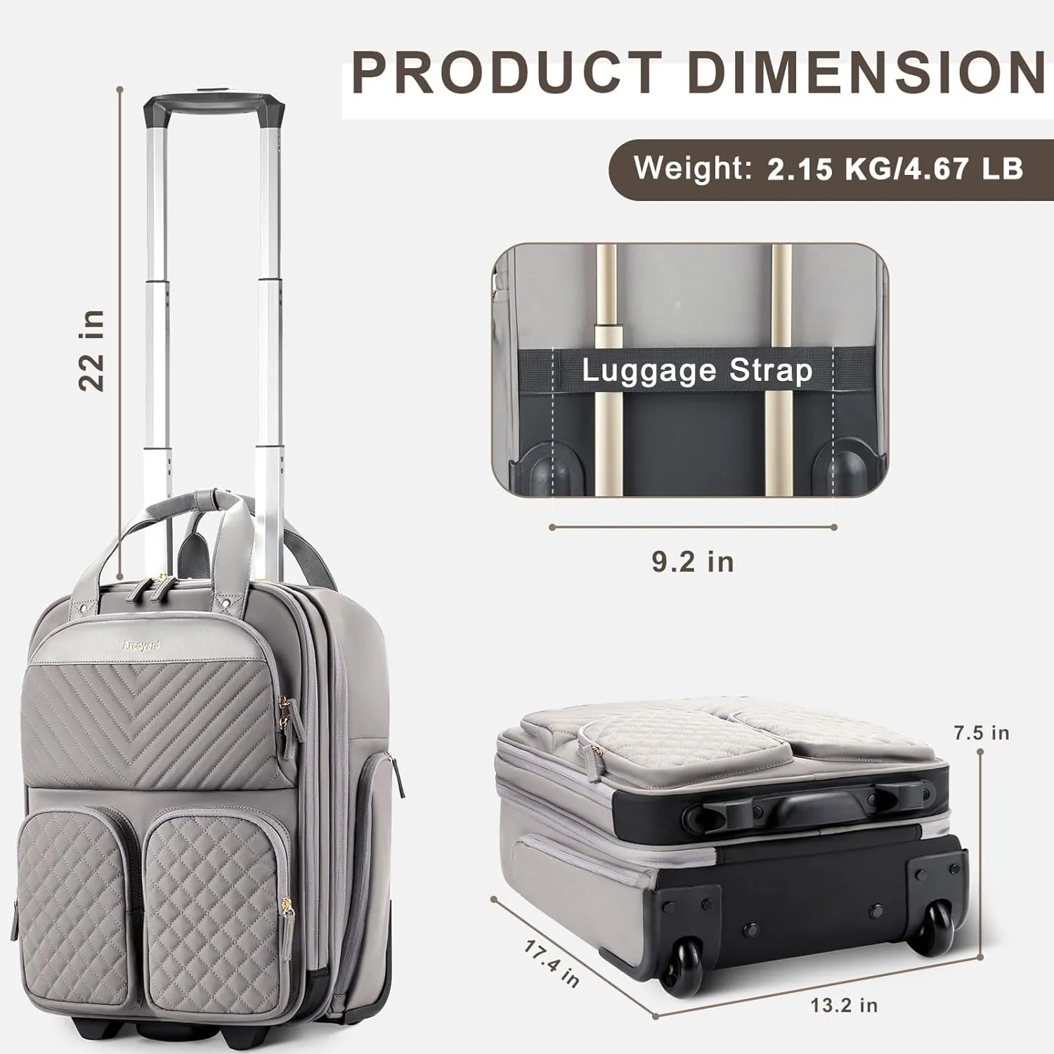 Underseat Carry On Luggage with Wheels, Multiple Compartments Airline Approved Personal Item Bag with Leather Handle, Lightweight Travel Carry-On Rolling Suitcase for Women Men, Grey, L
