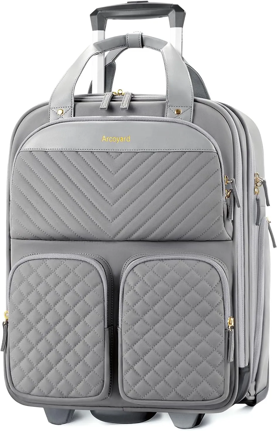 Underseat Carry On Luggage with Wheels, Multiple Compartments Airline Approved Personal Item Bag with Leather Handle, Lightweight Travel Carry-On Rolling Suitcase for Women Men, Grey, L