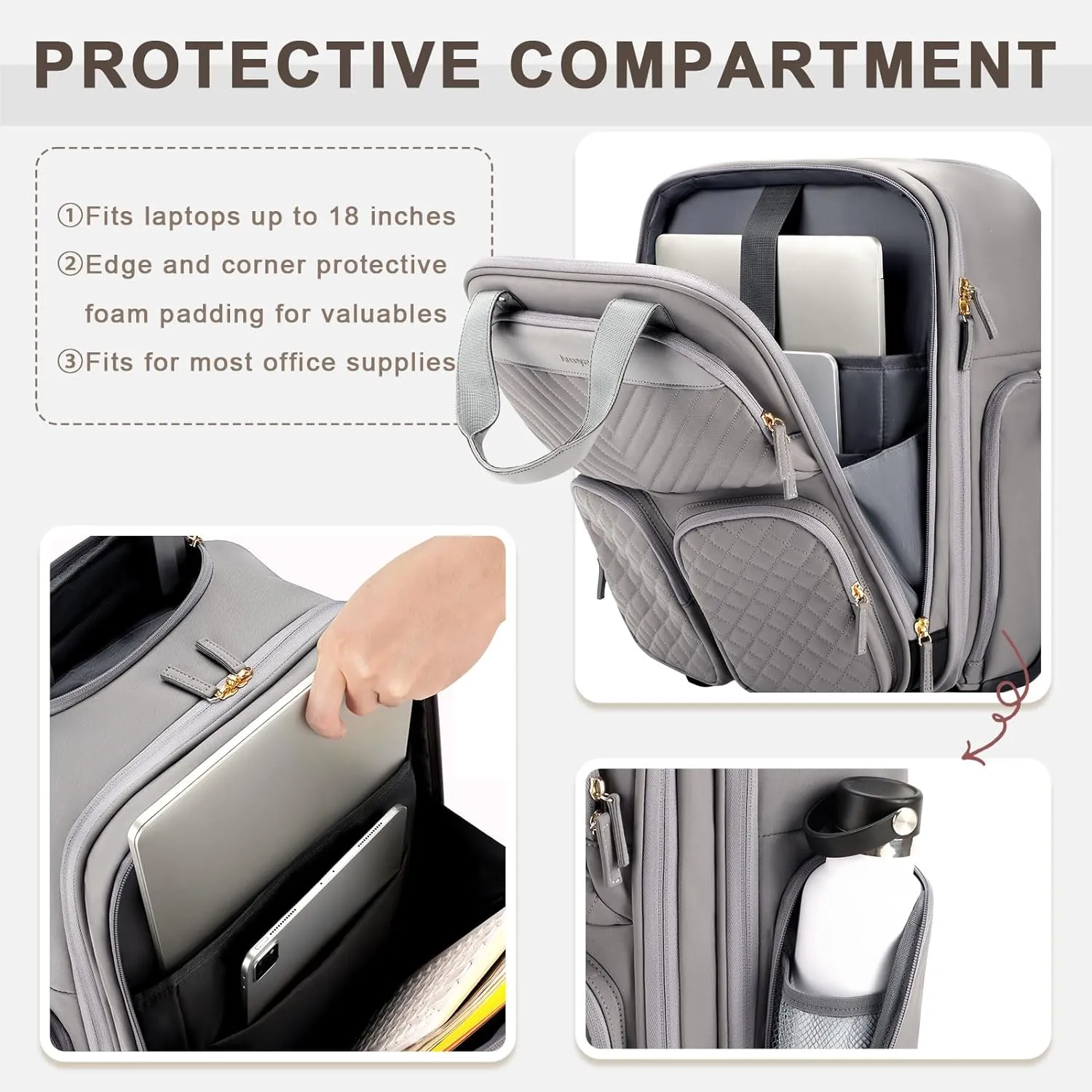 Underseat Carry On Luggage with Wheels, Multiple Compartments Airline Approved Personal Item Bag with Leather Handle, Lightweight Travel Carry-On Rolling Suitcase for Women Men, Grey, L