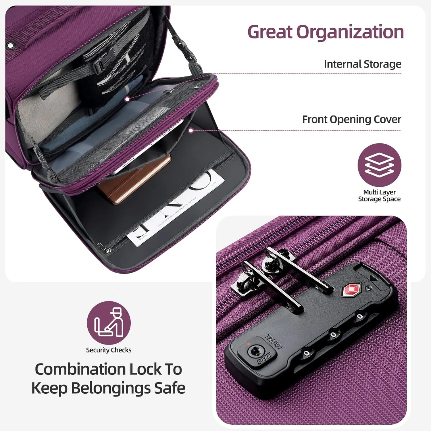 Underseater Carry-On Luggage Airline Approved with Spinner Wheels, 16 Inch Luggage with TSA Lock, Overnight Rolling Softside Suitcases for Women,Purple