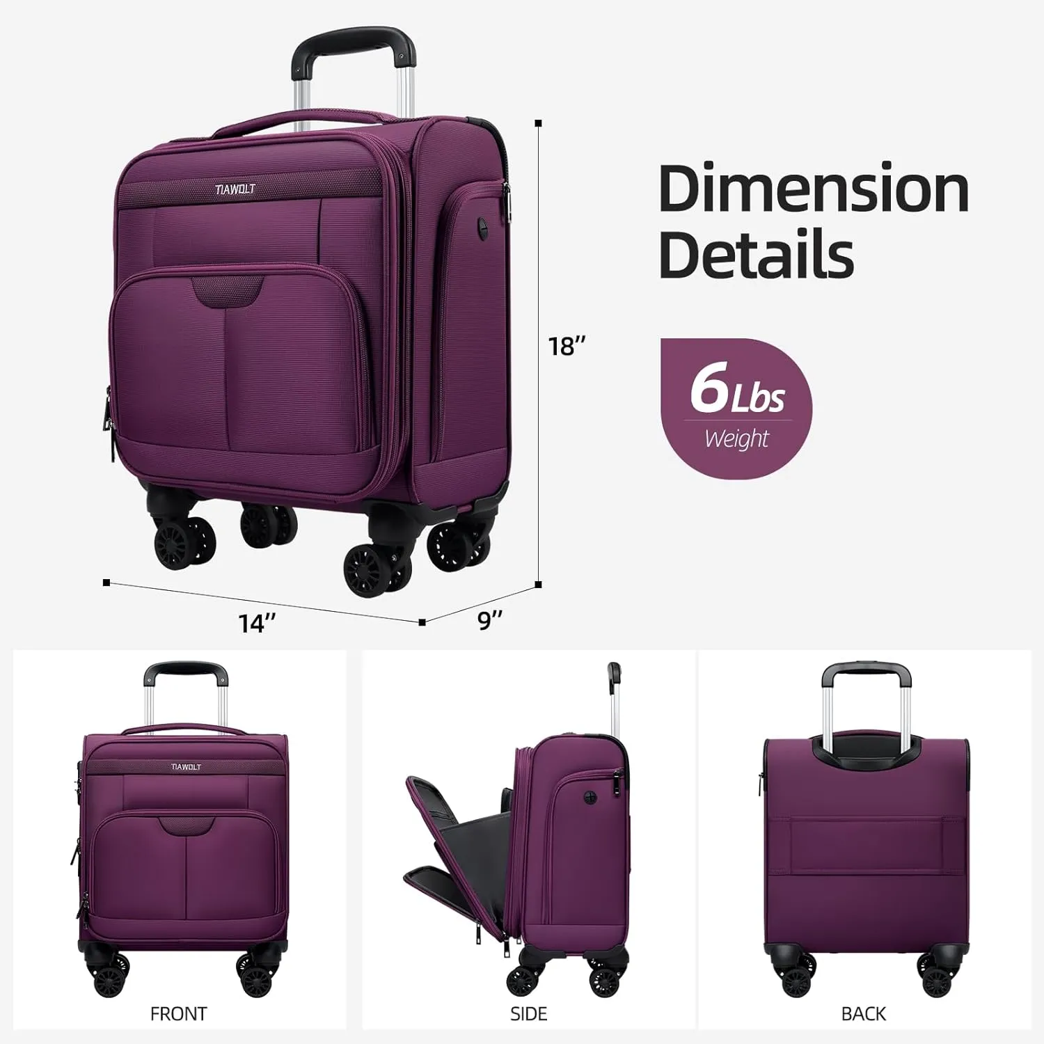 Underseater Carry-On Luggage Airline Approved with Spinner Wheels, 16 Inch Luggage with TSA Lock, Overnight Rolling Softside Suitcases for Women,Purple