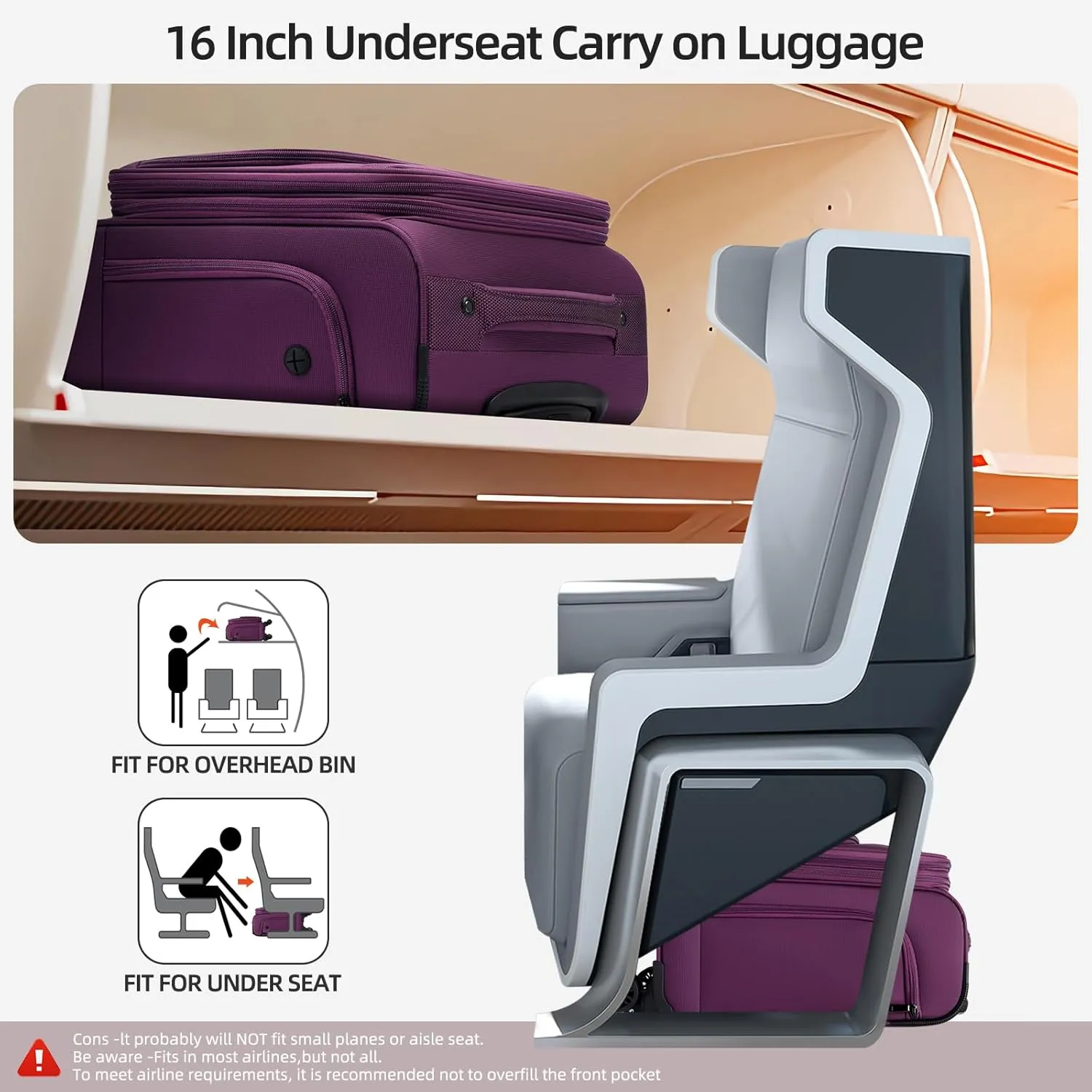 Underseater Carry-On Luggage Airline Approved with Spinner Wheels, 16 Inch Luggage with TSA Lock, Overnight Rolling Softside Suitcases for Women,Purple