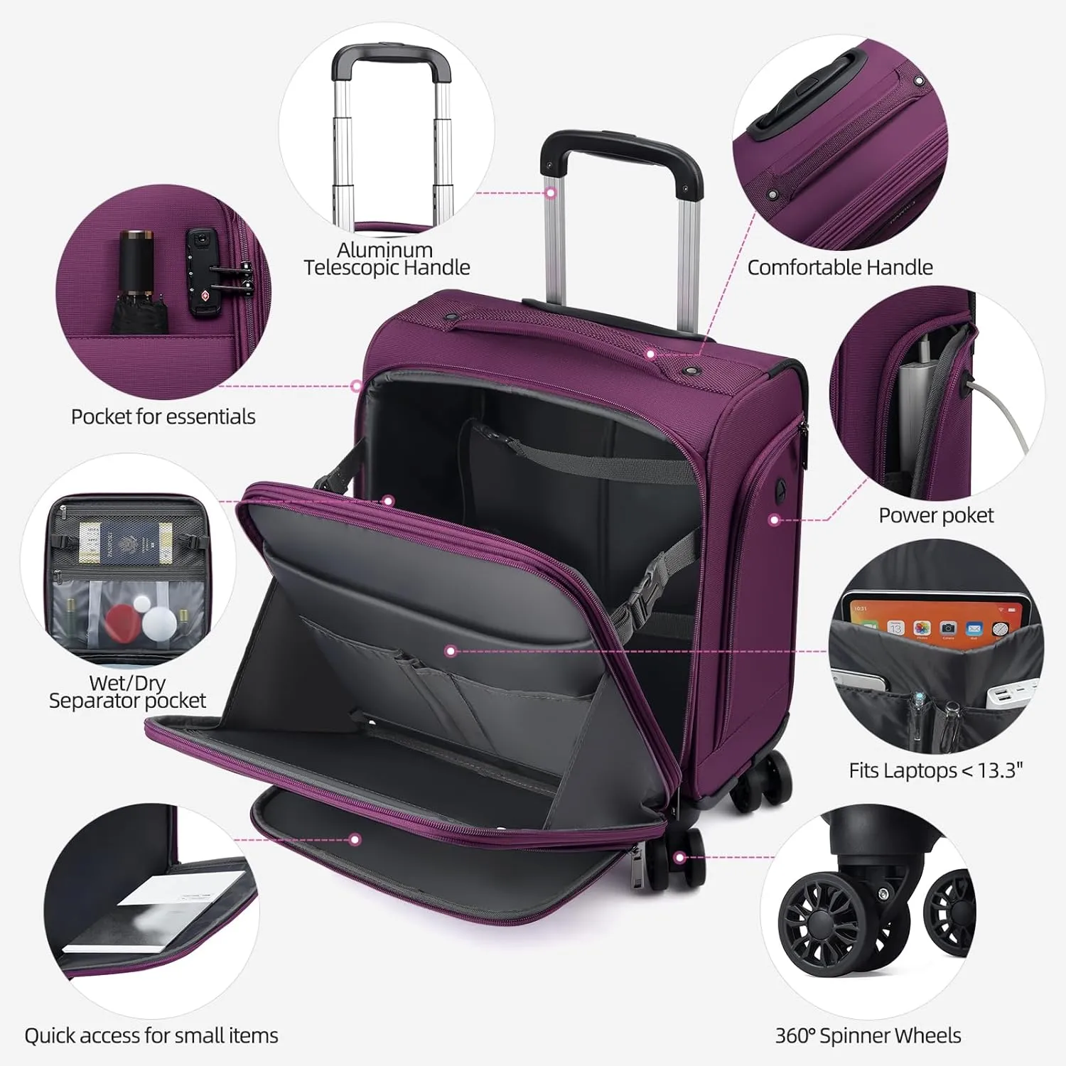 Underseater Carry-On Luggage Airline Approved with Spinner Wheels, 16 Inch Luggage with TSA Lock, Overnight Rolling Softside Suitcases for Women,Purple